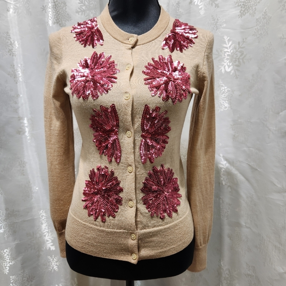 J CREW Fine Knit Merino Wool Jackie Sweater Cardigan with Rose Sequins (S) - Picture 12 of 12